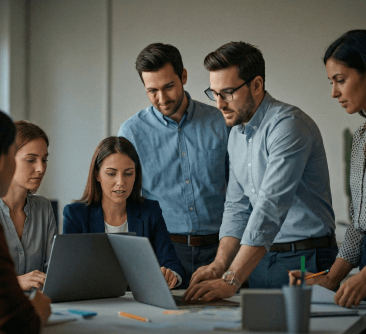 Professionals collaborating around a laptop during a hands-on AI workshop